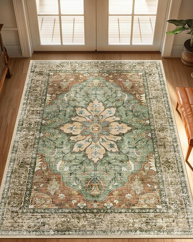RELEANY Area Rugs 3'x4' Washable Non-Slip, Floral Vintage Distress Medallion by RELEANY