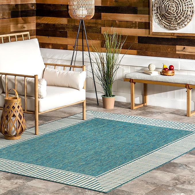 Nuloom Asha Teal/Ivory, Striped Border, Soft and Cozy, High Traffic, Easy Clean by nuLOOM