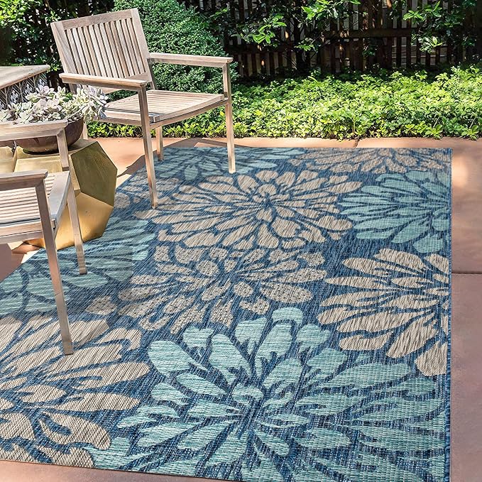 JONATHAN Y Floral Textured Weave Indoor Outdoor Area Rug 5X8 Navy/Aqua by JONATHANY