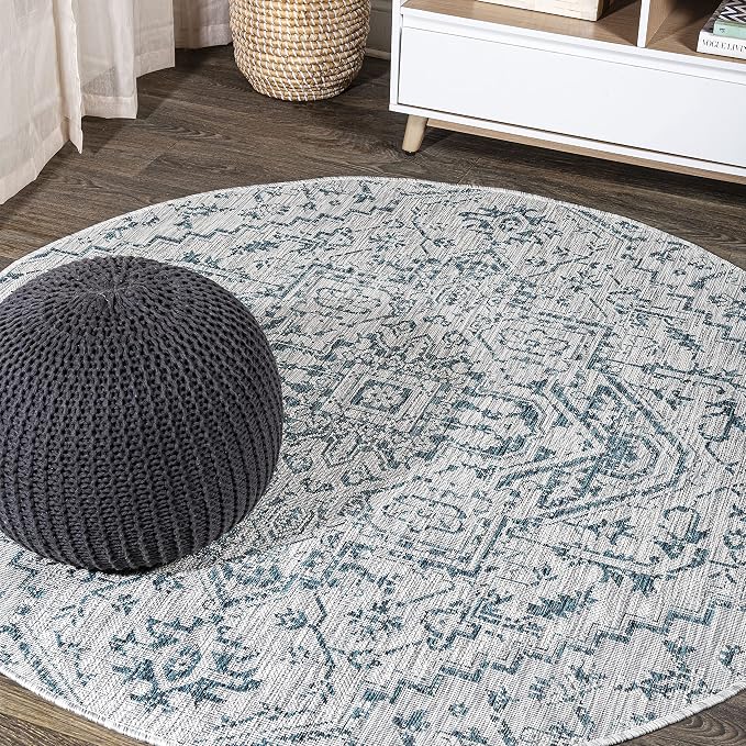 JONATHAN Y Boho Medallion Indoor Outdoor Round Area Rug 4 Ft Teal/Gray by JONATHANY
