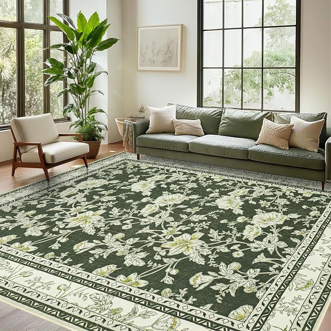 Olive Green Floral 5x7 Area Rug Vintage Boho Washable Printed Rug - Image 9