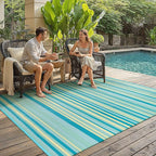 Outdoor Plastic Straw Rug Waterproof Patio 6x9 Teal Yellow Stripe Mat - Image 3