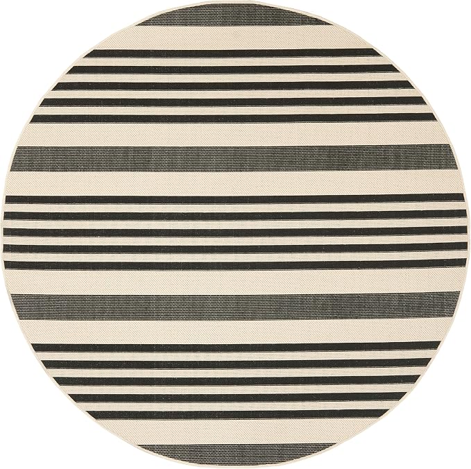 SAFAVIEH Courtyard Collection 7'10" Round Black/Bone CY6062 Stripe Indoor/ - Image 3