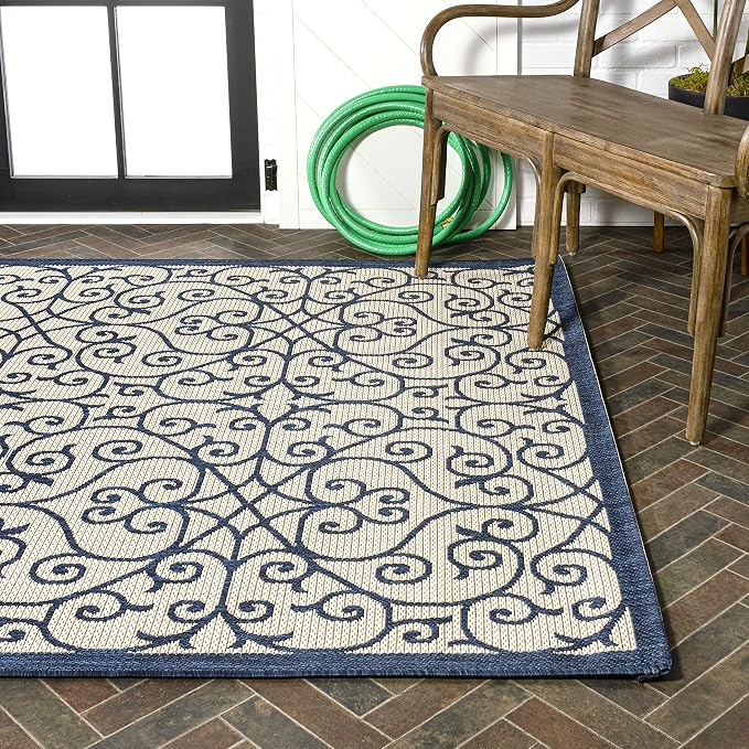 JONATHAN Y Vintage Filigree Indoor Outdoor Area Rug 8X10 Navy/Beige, Madrid - Image 10
