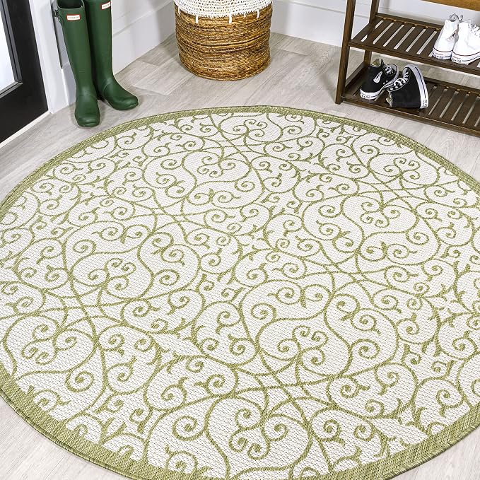 JONATHAN Y Vintage Filigree Indoor Outdoor Round Area Rug 5 Ft Green/Cream by JONATHANY