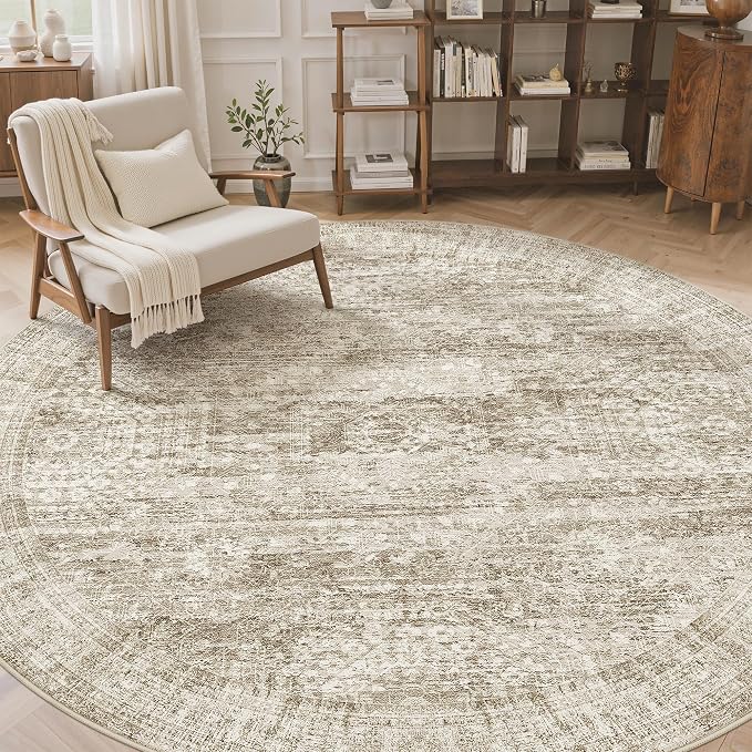 Soalmost 9x9 Brown Round Rug 9ft Living Room Circle Rug Vintage Round Area Rug - Image 3