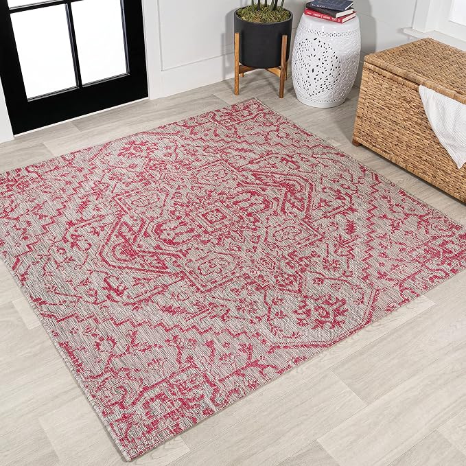 JONATHAN Y Boho Medallion Indoor Outdoor Square Area Rug 5X5 Light Gray/Fuchsia by JONATHANY