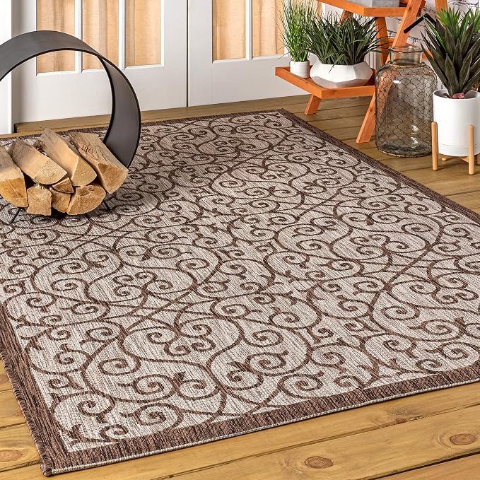 JONATHAN Y Vintage Filigree Indoor Outdoor Area Rug 9X12 Taupe/Espresso - Image 4