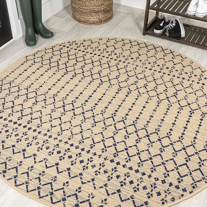 JONATHAN Y Moroccan Geometric Indoor Outdoor Round Area Rug 9 Ft Beige/Navy by JONATHANY