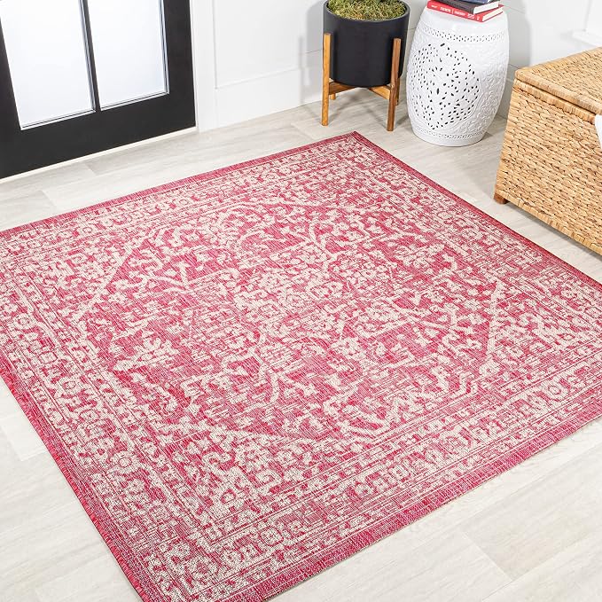 JONATHAN Y Boho Medallion Indoor Outdoor Square Area Rug 5X5 Fuchsia/Light Gray by JONATHANY