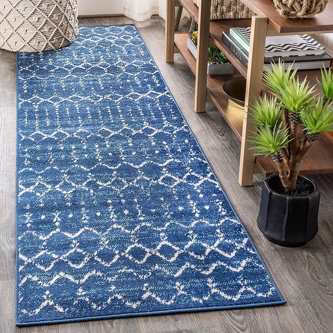 JONATHAN Y Boho Vintage Diamond Blue/White Runner Rug 2X8 ft, Moroccan Hype by JONATHANY