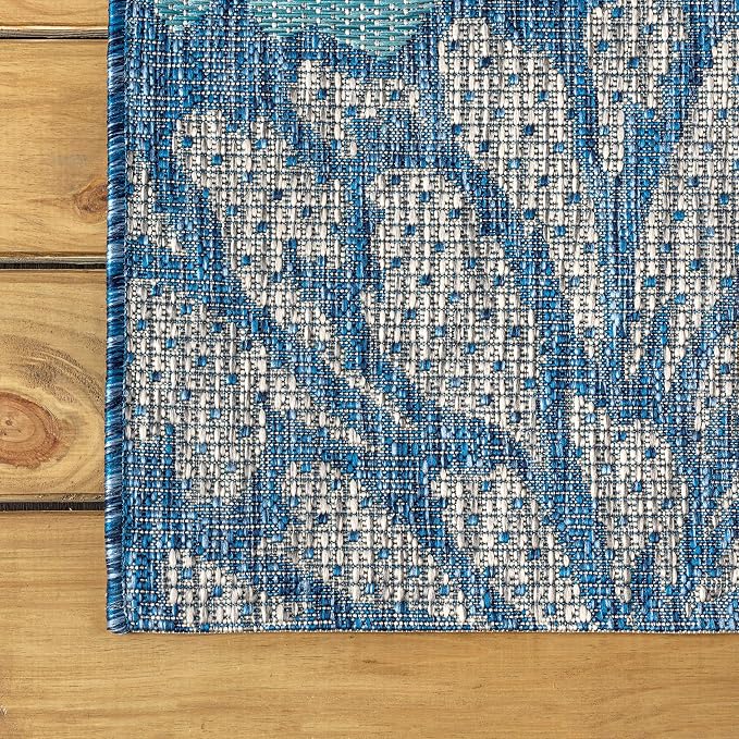 JONATHAN Y Floral Textured Weave Indoor Outdoor Area Rug 5X8 Navy/Aqua - Image 5