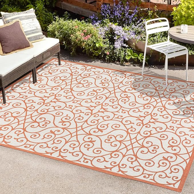 JONATHAN Y Vintage Filigree Indoor Outdoor Area Rug 8X10 Cream/Orange, Madrid - Image 3