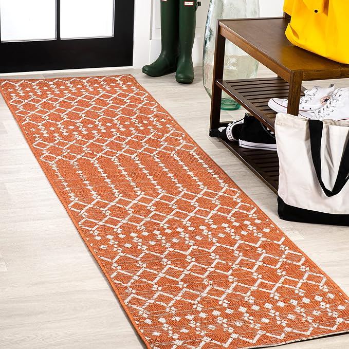 JONATHAN Y Moroccan Geometric Indoor Outdoor Runner Rug 2X8 Orange/Cream by JONATHANY