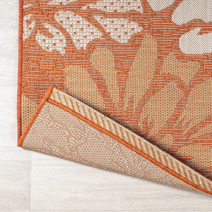 JONATHAN Y Floral Textured Weave Indoor Outdoor Round Area Rug 5 Ft Orange/Cream - Image 5