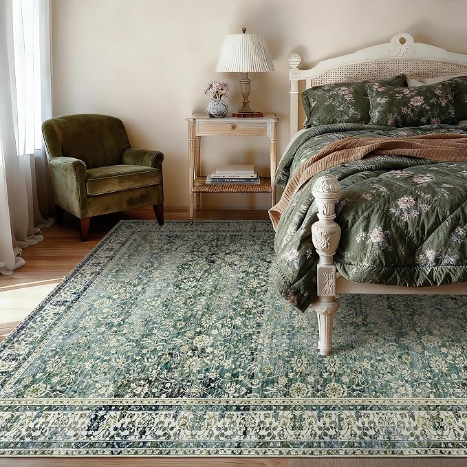 Dark Green Area Rugs 8x10 for Living Room Washable Non Slip Low Pile Blue and - Image 9