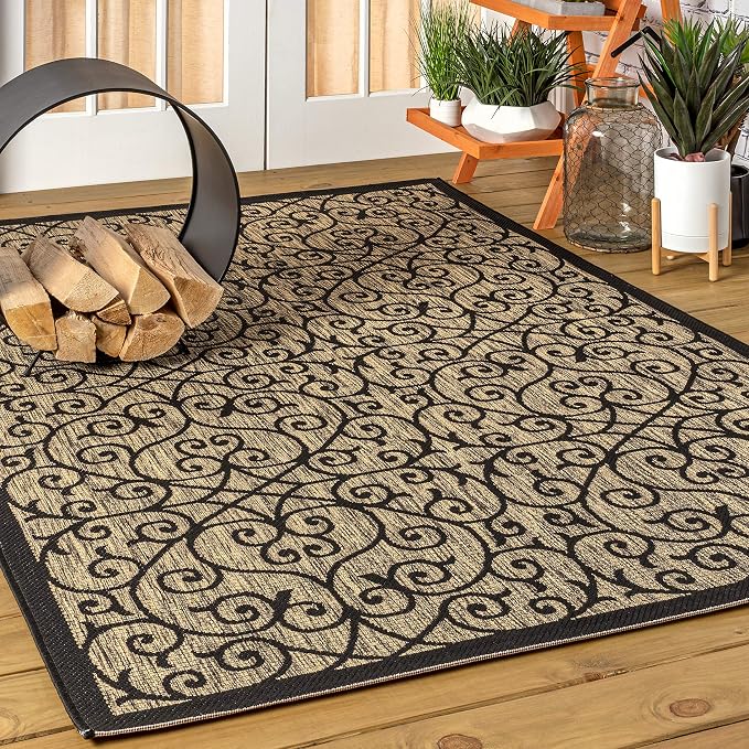 JONATHAN Y Vintage Filigree Indoor Outdoor Area Rug 5X8 Black/Khaki, Madrid - Image 7