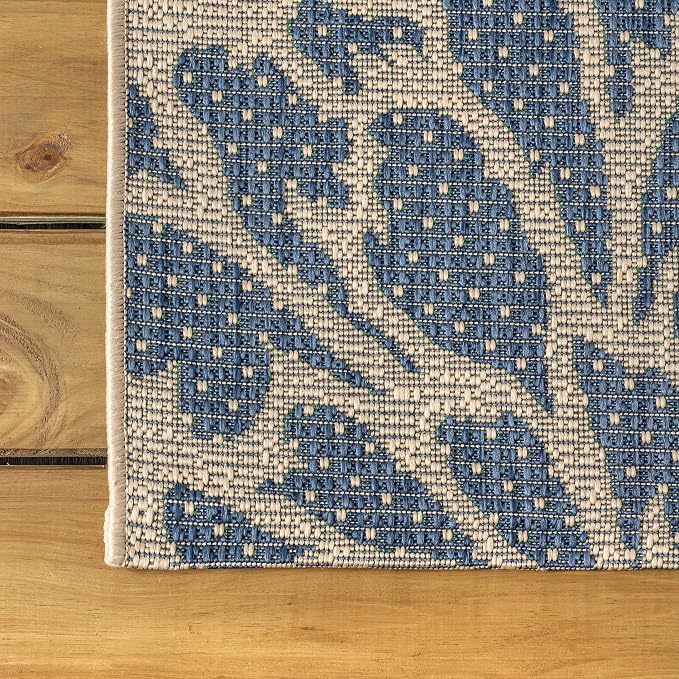 JONATHAN Y Floral Textured Weave Indoor Outdoor Square Area Rug 6X6 Navy/Green - Image 7