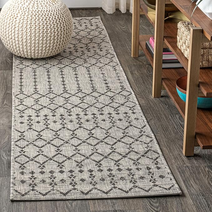 JONATHAN Y Moroccan Geometric Indoor Outdoor Runner Rug 2X14 Light Gray/Black by JONATHANY