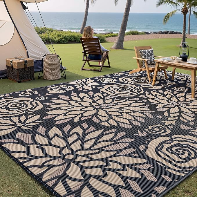 Outdoor Plastic Straw Rug Waterproof Patio 10x14 Black Brown Floral Mat - Image 3