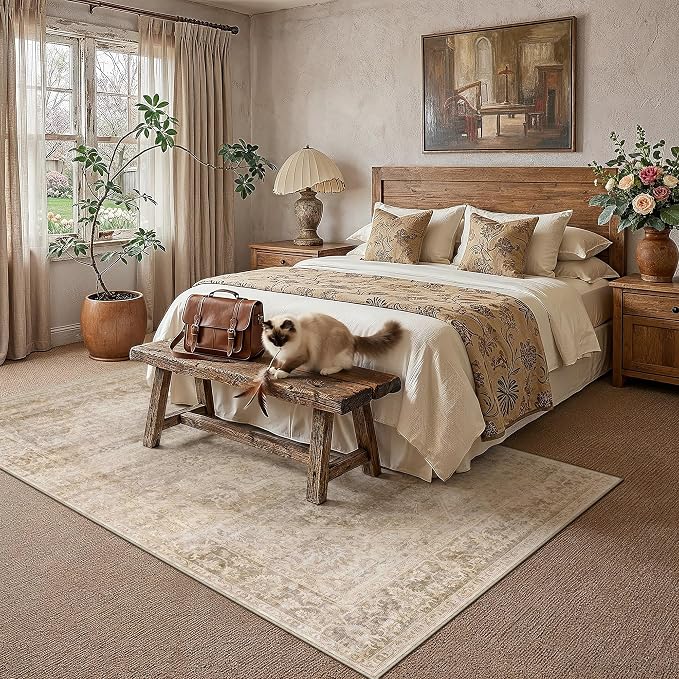 6x9 Washable Neutral Area Rug Beige Vintage Living Room Bedroom Carpet Non-Slip - Image 3