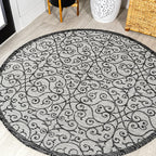 JONATHAN Y Vintage Filigree Indoor Outdoor Round Area Rug 9 Ft Light Gray/Black by JONATHANY