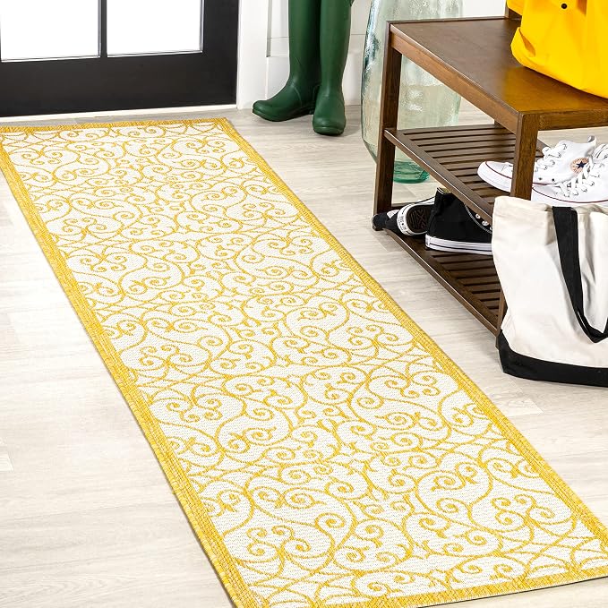 JONATHAN Y Vintage Filigree Indoor Outdoor Runner Rug 2X10 Cream/Yellow by JONATHANY
