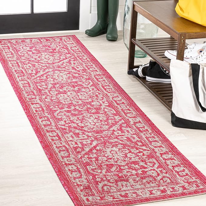 JONATHAN Y Boho Medallion Indoor Outdoor Runner Rug 2X8 Fuchsia/Light Gray by JONATHANY
