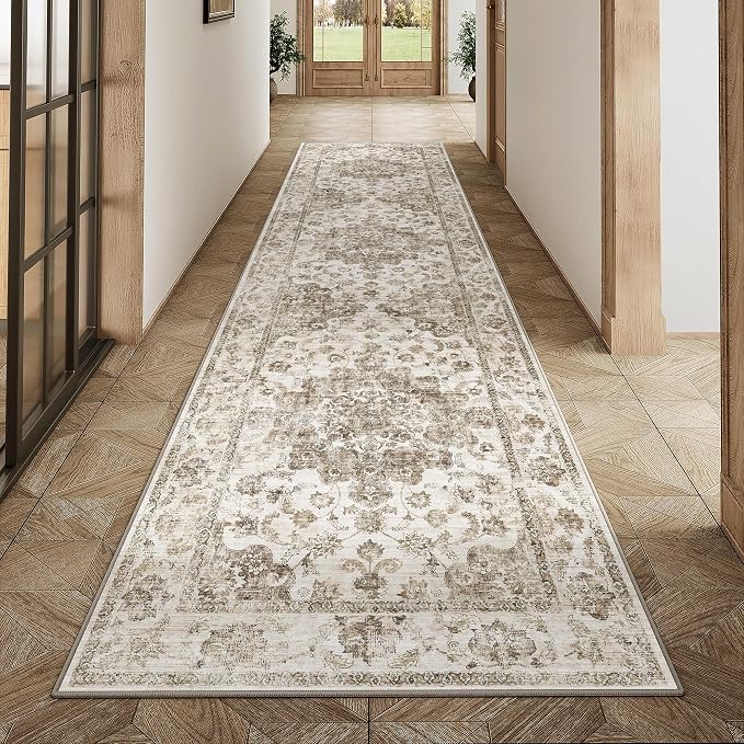 2x8 Washable Neutral Runner Rug Brown Vintage Hallway Kitchen Carpet Non-Slip by WondRg