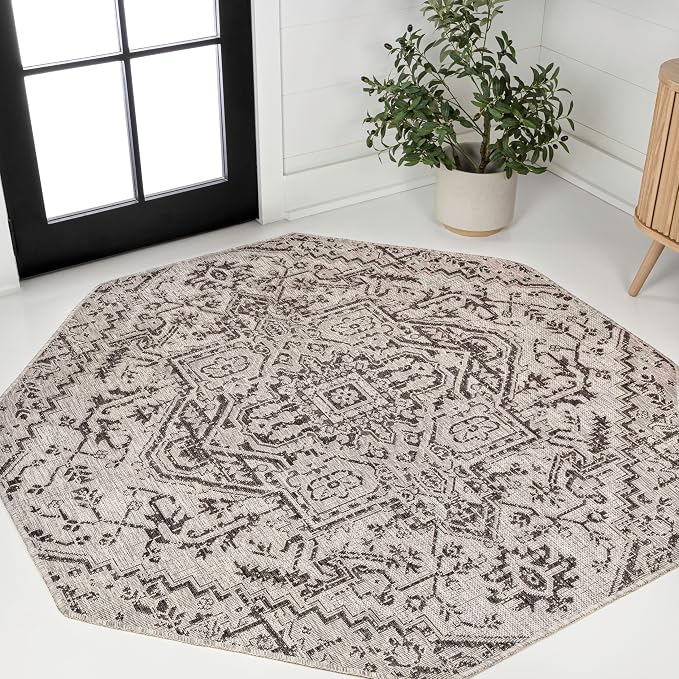 JONATHAN Y Boho Medallion Indoor Outdoor Octagon Area Rug 5 Ft Black/Gray by JONATHANY