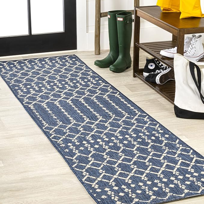 JONATHAN Y Moroccan Geometric Indoor Outdoor Runner Rug 2X10 Navy/Beige by JONATHANY