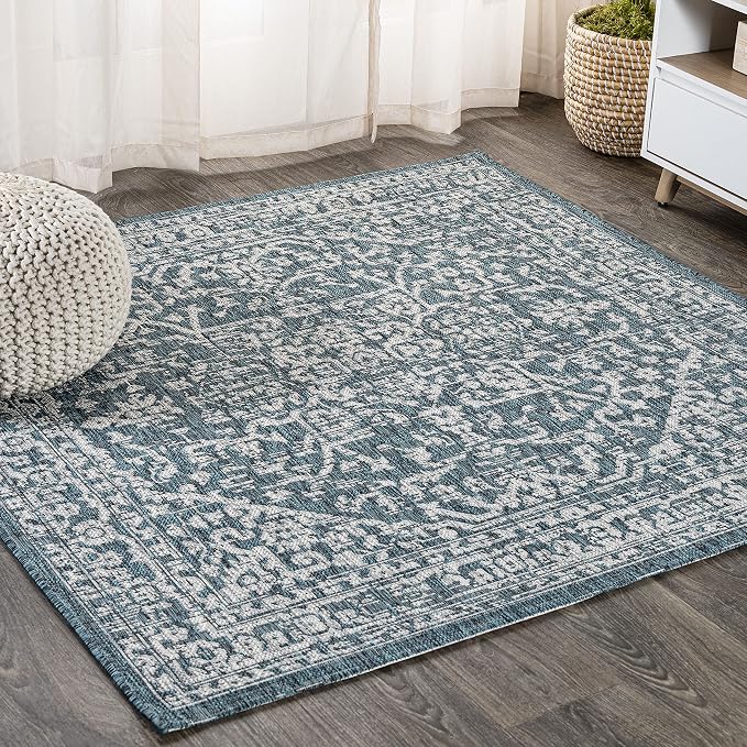 JONATHAN Y Boho Medallion Indoor Outdoor Square Area Rug 9X9 Teal/Gray by JONATHANY
