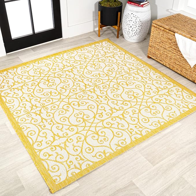 JONATHAN Y Vintage Filigree Indoor Outdoor Square Area Rug 5X5 Cream/Yellow by JONATHANY