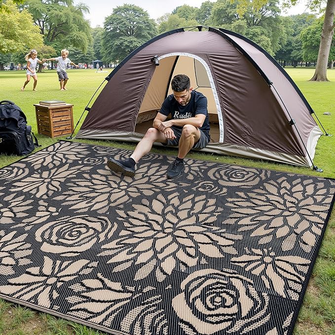 Outdoor Plastic Straw Rug Waterproof Patio 6x9 Black Brown Floral Mat - Image 4