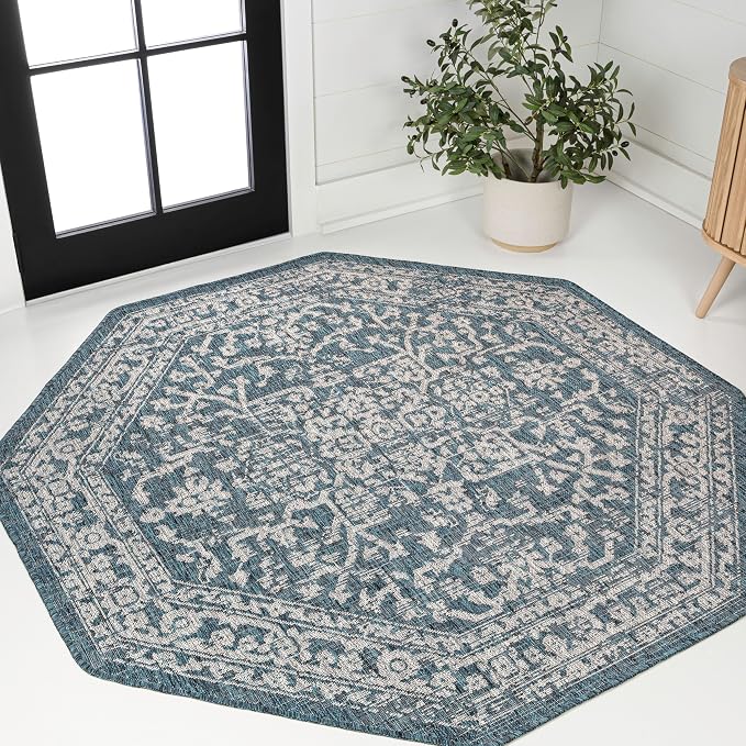 JONATHAN Y Boho Medallion Indoor Outdoor Octagon Area Rug 5 Ft Teal/Gray by JONATHANY