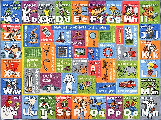 Looney Tunes Educational Kids Rug – ABC Alphabet, Professions & Jobs Matching by KCCubsKidsHomeandFurnishing