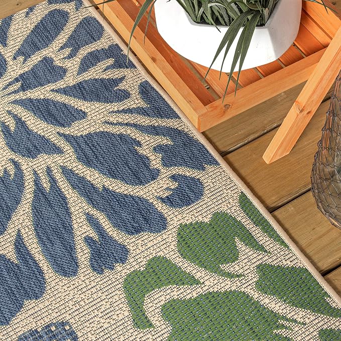 JONATHAN Y Floral Textured Weave Indoor Outdoor Runner Rug 2X20 Navy/Green - Image 4