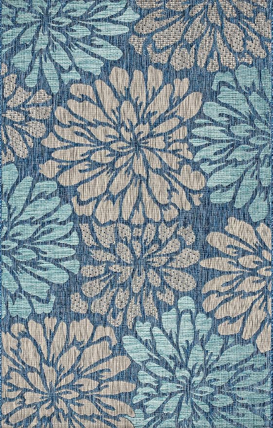 JONATHAN Y Floral Textured Weave Indoor Outdoor Area Rug 5X8 Navy/Aqua - Image 2