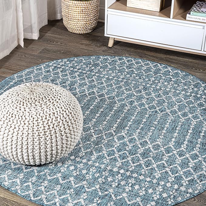 JONATHAN Y Moroccan Geometric Indoor Outdoor Round Area Rug 8 Ft Teal/Gray by JONATHANY