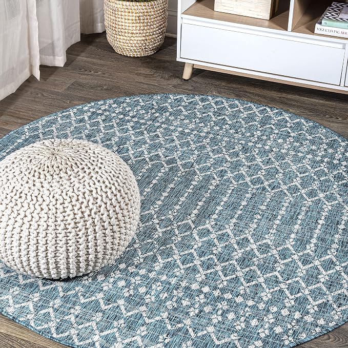 JONATHAN Y Moroccan Geometric Indoor Outdoor Round Area Rug 5 Ft Teal/Gray by JONATHANY
