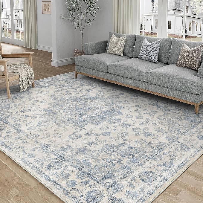 5x7 Washable Neutral Area Rug Blue Vintage Living Room Bedroom Carpet Non-Slip by WondRg