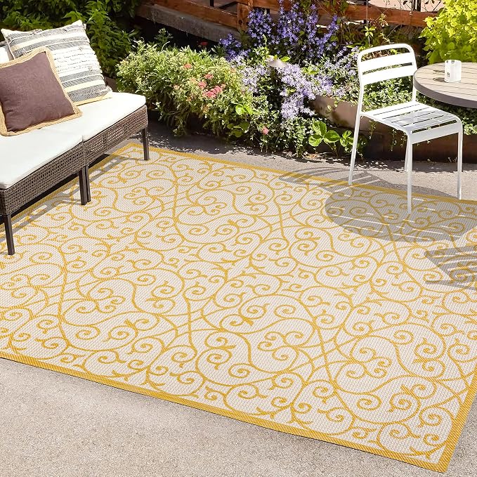 JONATHAN Y Vintage Filigree Indoor Outdoor Area Rug 5X8 Cream/Yellow, Madrid - Image 4