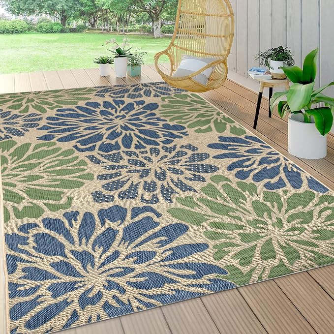JONATHAN Y Floral Textured Weave Indoor Outdoor Area Rug 3X5 Navy/Green by JONATHANY