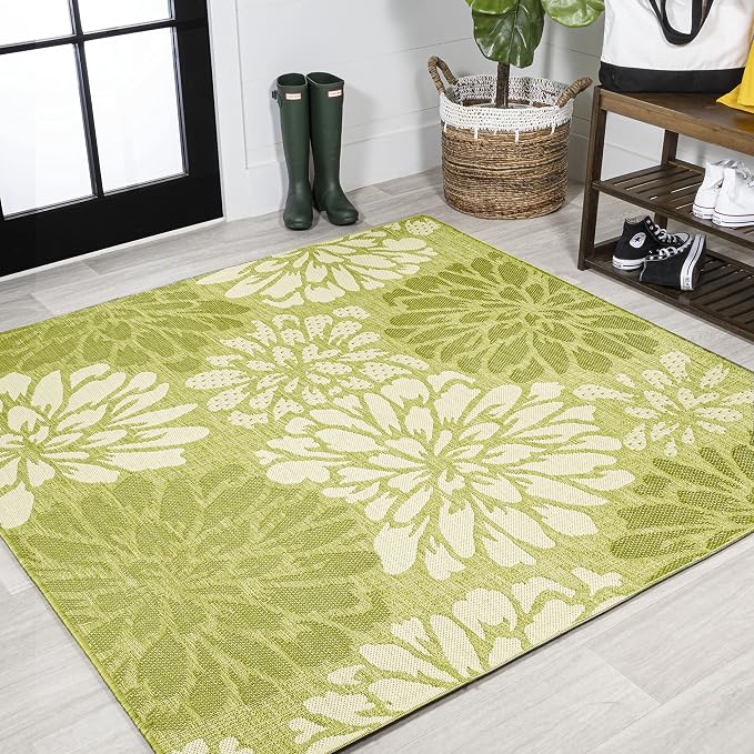 JONATHAN Y Floral Textured Weave Indoor Outdoor Square Area Rug 5X5 Green/Cream by JONATHANY