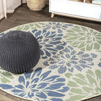 JONATHAN Y Floral Textured Weave Indoor Outdoor Round Area Rug 4 Ft Navy/Green by JONATHANY