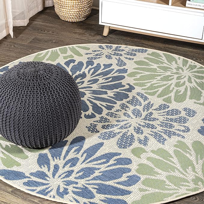 JONATHAN Y Floral Textured Weave Indoor Outdoor Round Area Rug 4 Ft Navy/Green by JONATHANY