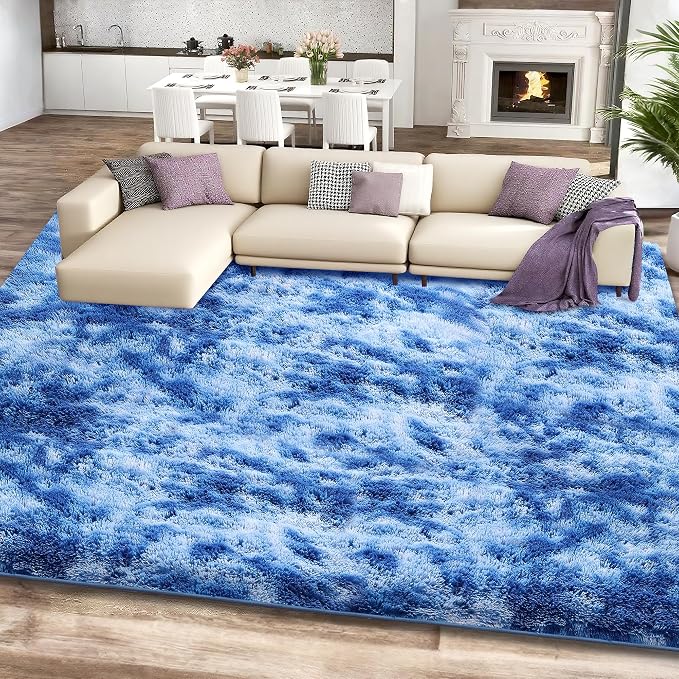 9x12 Area Rugs for Living Room, Tie-Dyed Blue Large Fluffy Shag Rug for Bedroom - Image 2