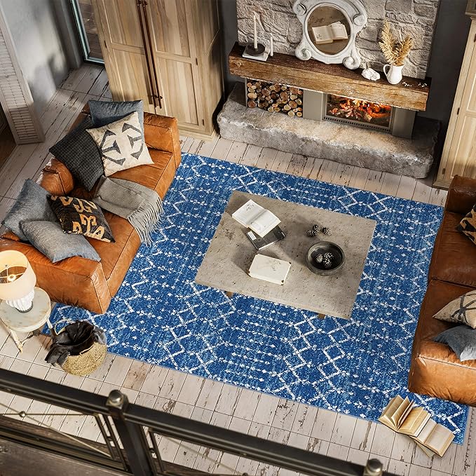 JONATHAN Y Boho Vintage Diamond Blue/White Indoor Area Rug 5X8 ft, Moroccan Hype - Image 5