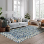 Blue Area Rugs 5x7 Vintage Boho Flower Distressed Low Pile Rug by BILEEHOME
