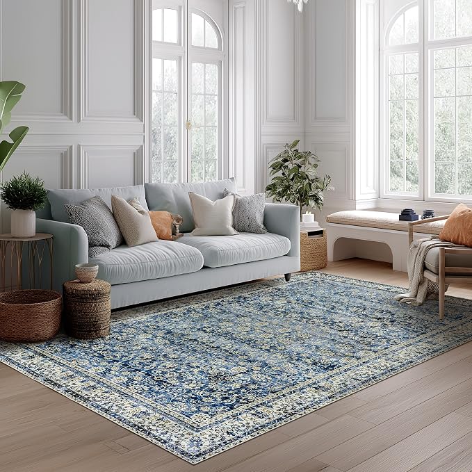 Blue Area Rugs 5x7 Vintage Boho Flower Distressed Low Pile Rug by BILEEHOME